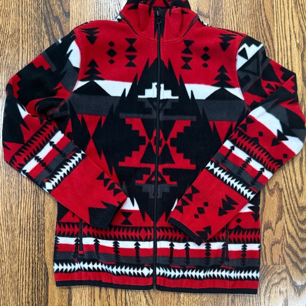 L-RL Ralph Lauren Red and Black Zip Up Fleece Small Aztec